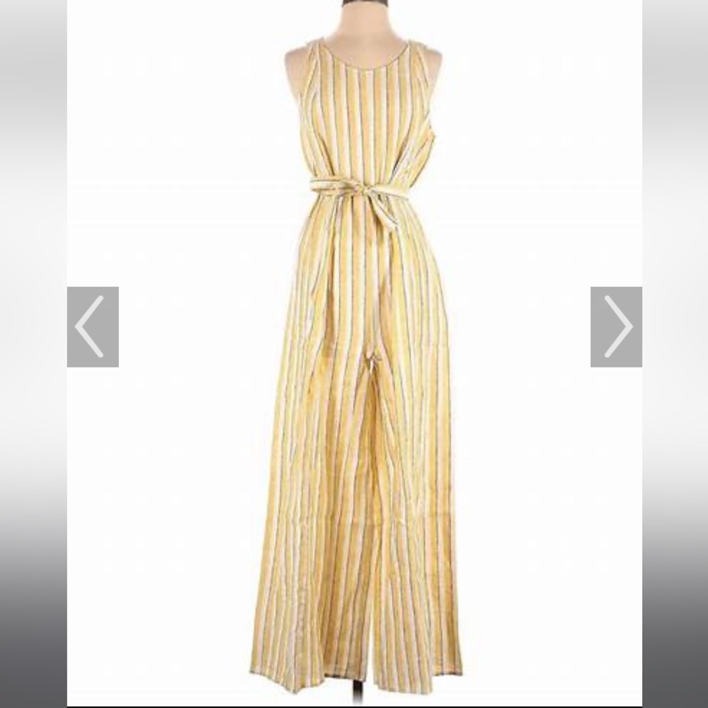 Rachael Zoe 100% linen jumpsuit yellow purple white striped sleeveless size 8